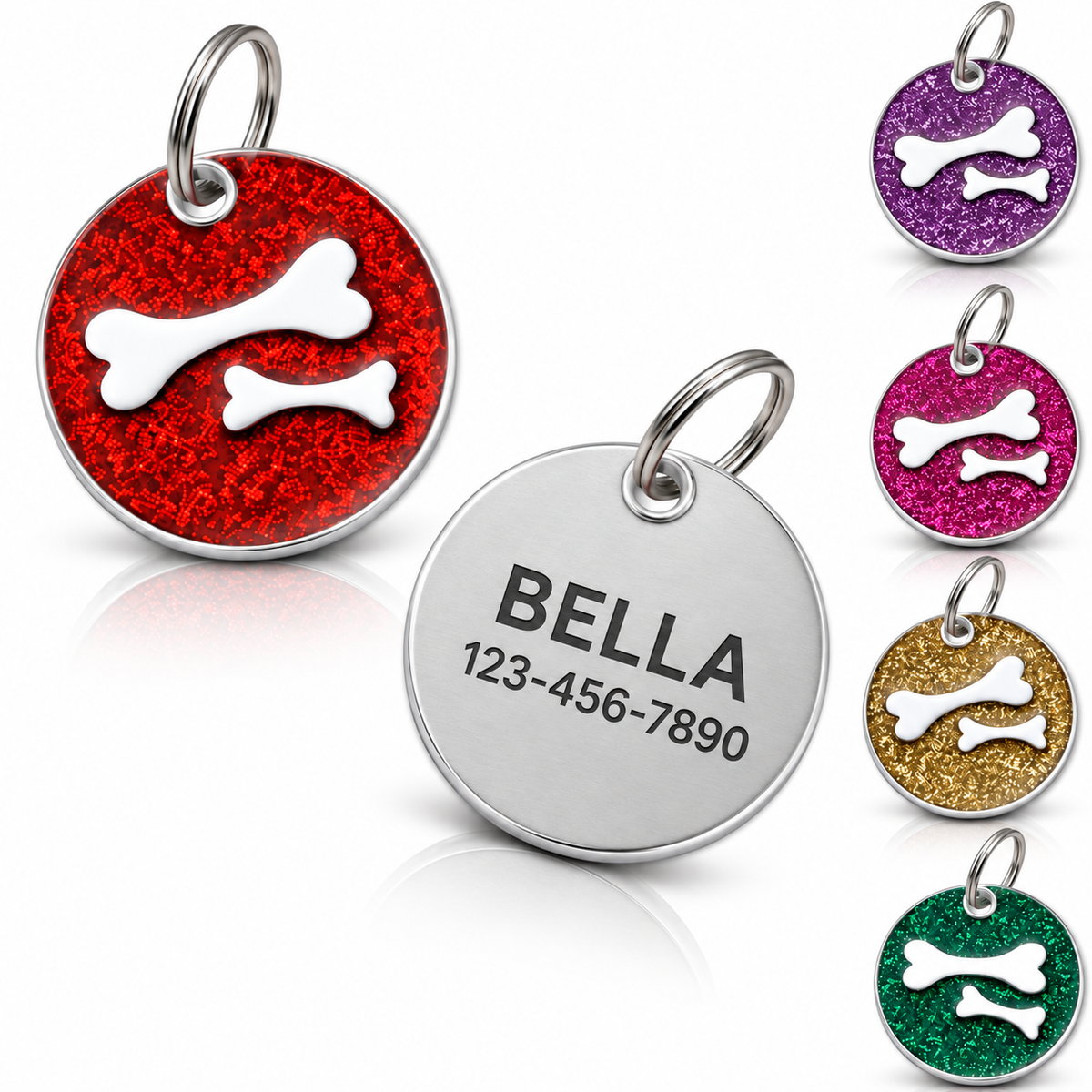 Personalized Glitter Round Pet ID Tag, Custom Engraved Dog and Cat Name Tag with Phone Number, Double Bone Design