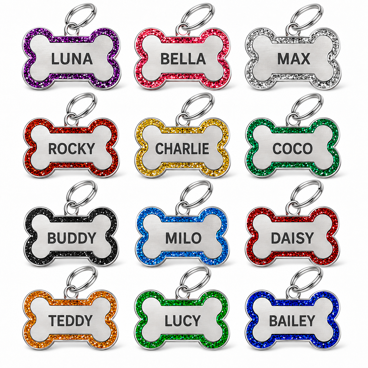Personalized Glitter Bone Pet ID Tag, Stainless Steel Custom Engraved Dog Cat Name Tag