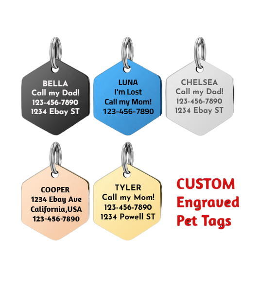 Engraved Pet ID Tag Stainless Steel Hex Shape Double‑Sided Dog Cat PET TAGS