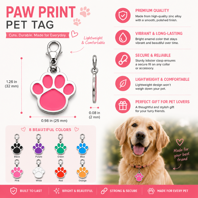Personalized Paw Shaped Pet ID Tag, Custom Dog and Cat Name Tag with Phone Number