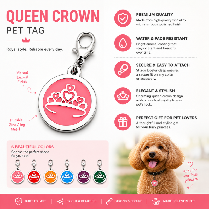 Personalized Enamel Queen's Crown Round Pet ID Tag, Custom Dog and Cat Name Tag with Phone Number