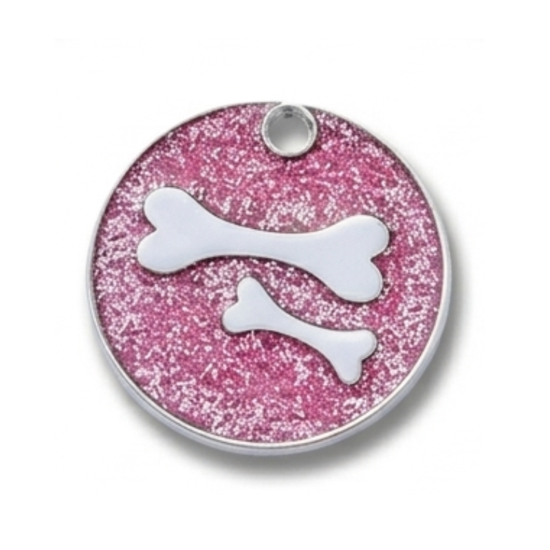 Personalized Glitter Round Pet ID Tag, Custom Engraved Dog and Cat Name Tag with Phone Number, Double Bone Design