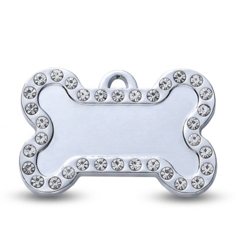 Personalized Rhinestone Bone Pet ID Tag, Custom Engraved Stainless Steel Dog Cat Name Tag