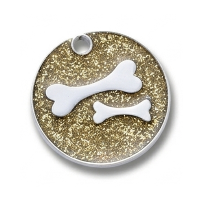 Personalized Glitter Round Pet ID Tag, Custom Engraved Dog and Cat Name Tag with Phone Number, Double Bone Design