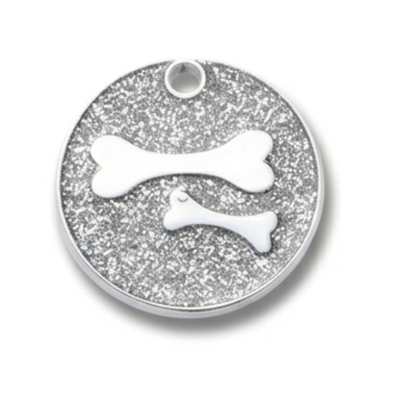 Personalized Glitter Round Pet ID Tag, Custom Engraved Dog and Cat Name Tag with Phone Number, Double Bone Design