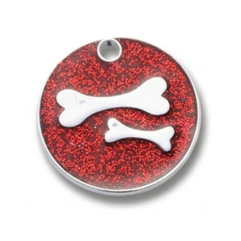 Personalized Glitter Round Pet ID Tag, Custom Engraved Dog and Cat Name Tag with Phone Number, Double Bone Design