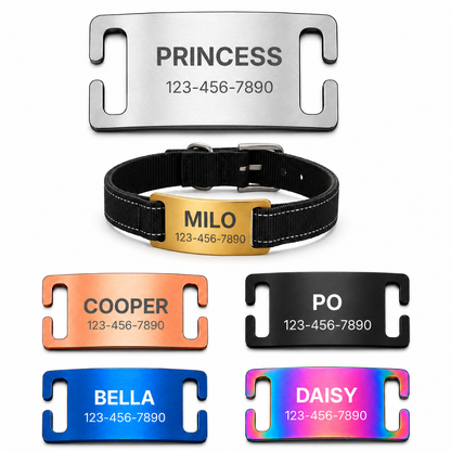 Personalized Rectangle Slide-On Pet ID Tag – Stainless Steel Custom Engraved Dog & Cat Collar Name Plate