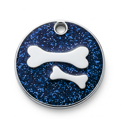 Personalized Glitter Round Pet ID Tag, Custom Engraved Dog and Cat Name Tag with Phone Number, Double Bone Design