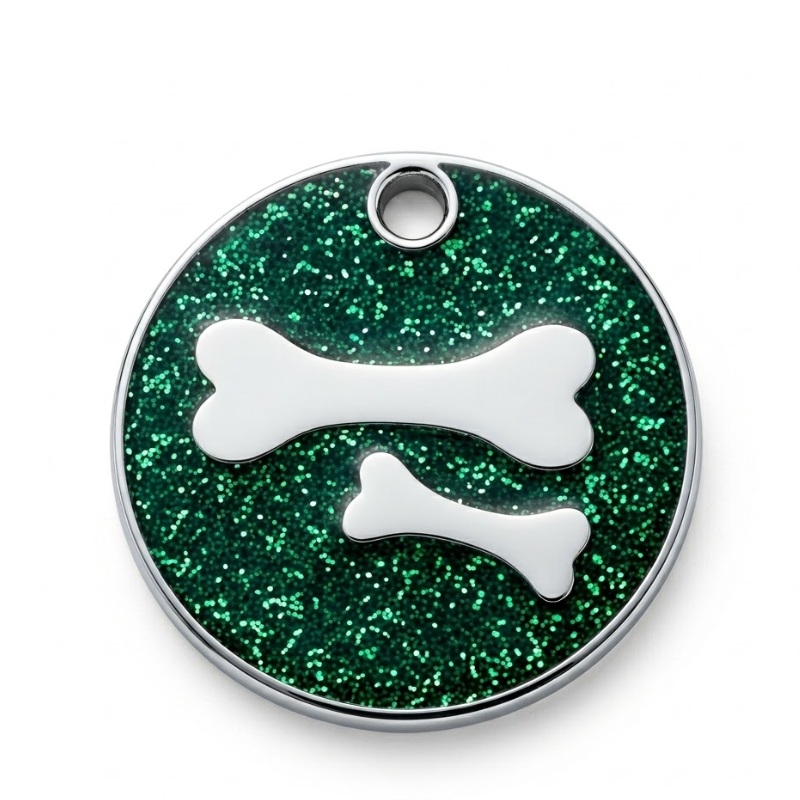Personalized Glitter Round Pet ID Tag, Custom Engraved Dog and Cat Name Tag with Phone Number, Double Bone Design