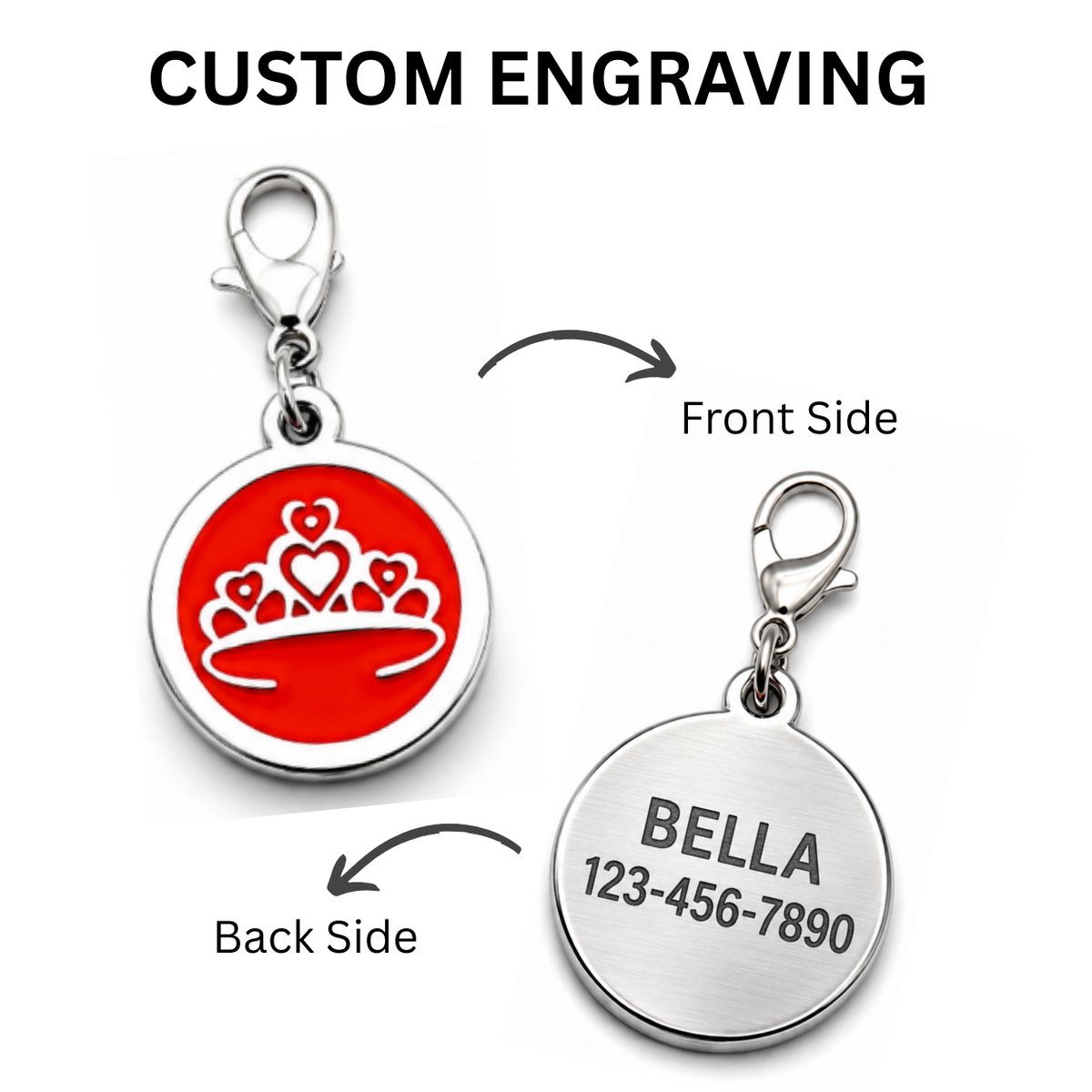 Personalized Enamel Queen's Crown Round Pet ID Tag, Custom Dog and Cat Name Tag with Phone Number