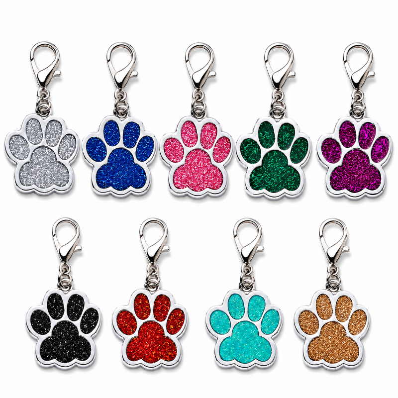 Personalized Glitter Paw Pet ID Tag with Lobster Clasp, Custom Engraved Stainless Steel Dog and Cat Collar Tag