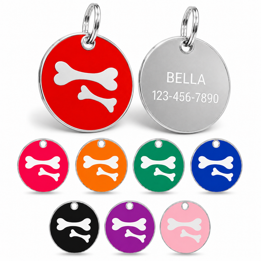 Personalized Enamel Double Bone Round Pet ID Tag, Custom Dog and Cat Name Tag with Phone Number