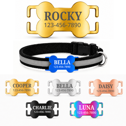 Personalized Slide-On Bone Pet ID Tag – Stainless Steel Custom Engraved Dog & Cat Collar Name Plate