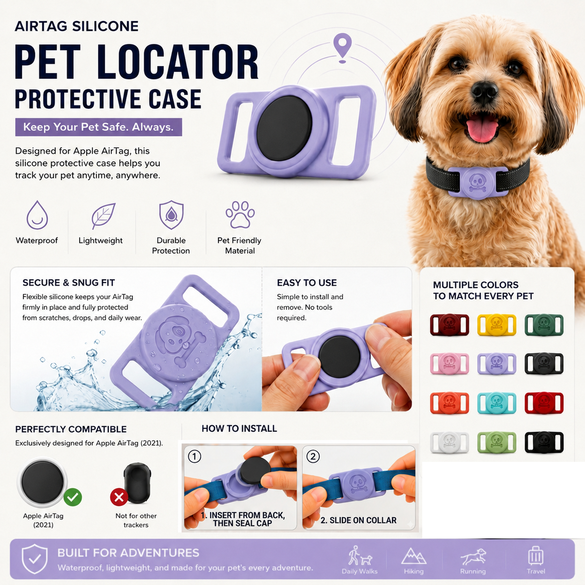Silicone AirTag Holder for Dog & Cat Collars – Secure Pet Tracking Case