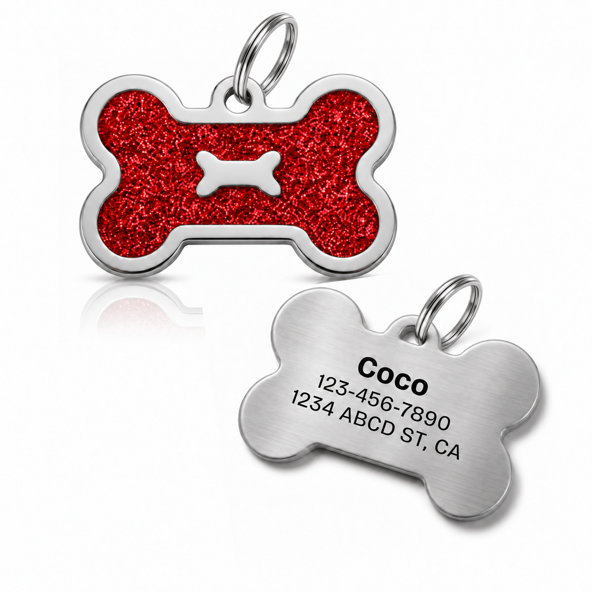 Personalized Glitter Bone Pet ID Tag, Custom Engraved Stainless Steel Dog Cat Name Tag