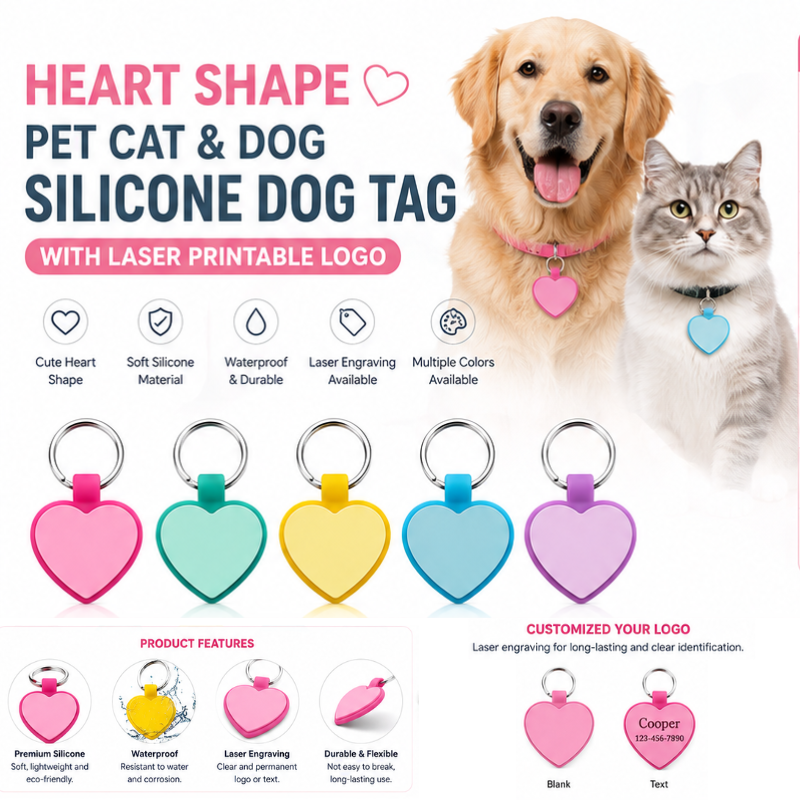Personalized Round and Heart Silicone Pet Tag Engraved Dog Tag Cat Tag Silent Name Tag