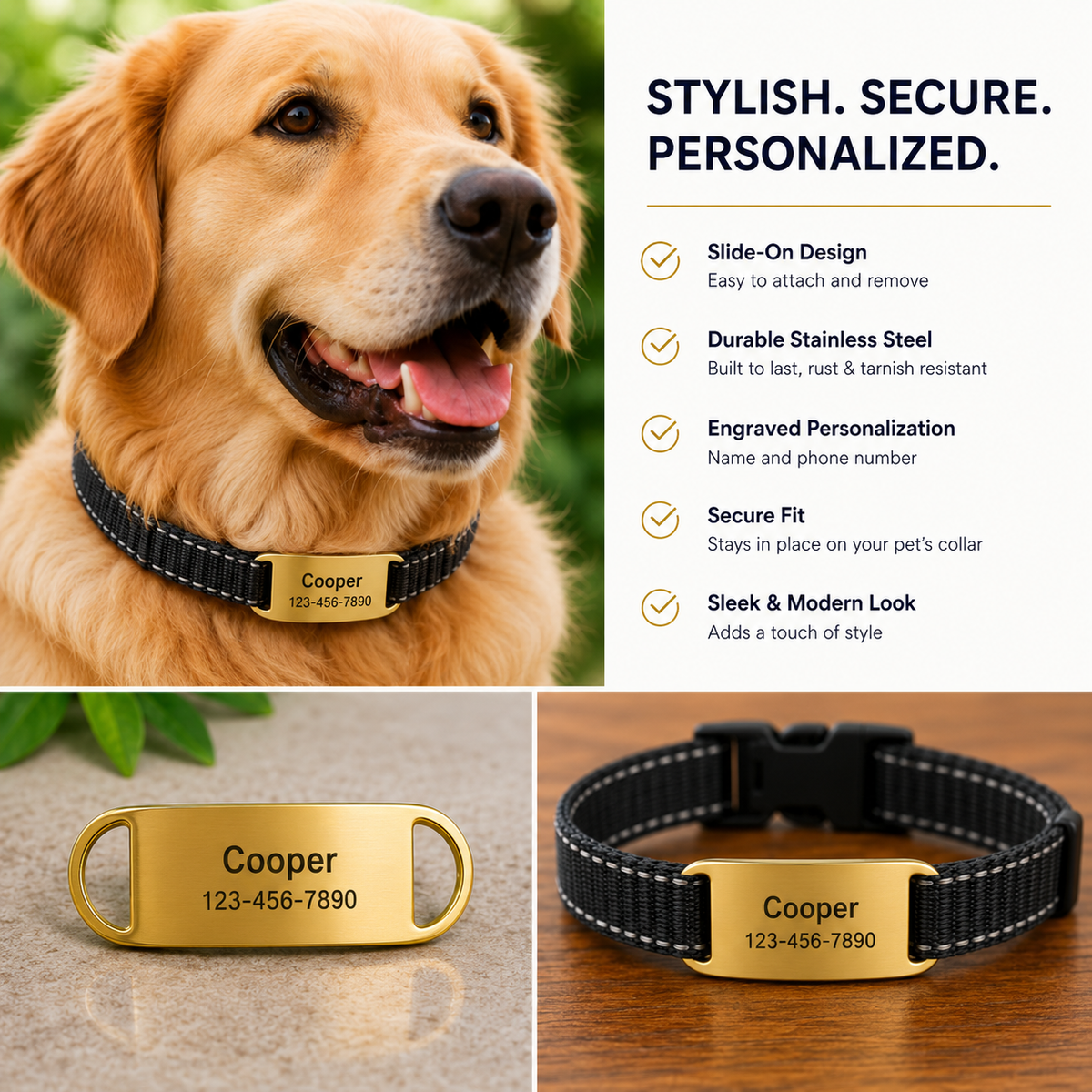 Personalized Slide-On Pet ID Tag – Stainless Steel Custom Engraved Dog & Cat Collar Name Plate