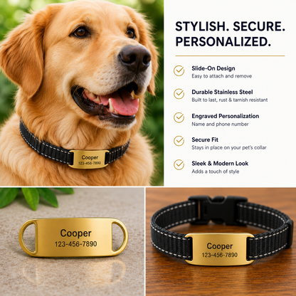 Personalized Slide-On Pet ID Tag – Stainless Steel Custom Engraved Dog & Cat Collar Name Plate