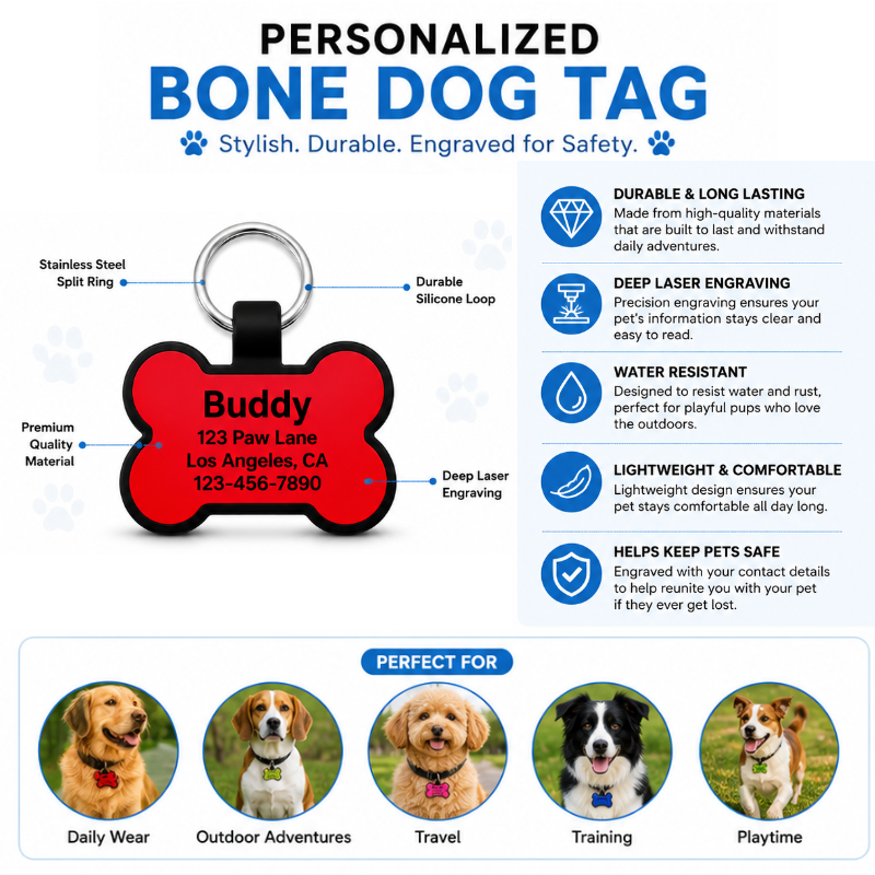 Personalized Silicone Bone Pet ID Tag – Custom Dog & Cat Name Tag with Phone Number