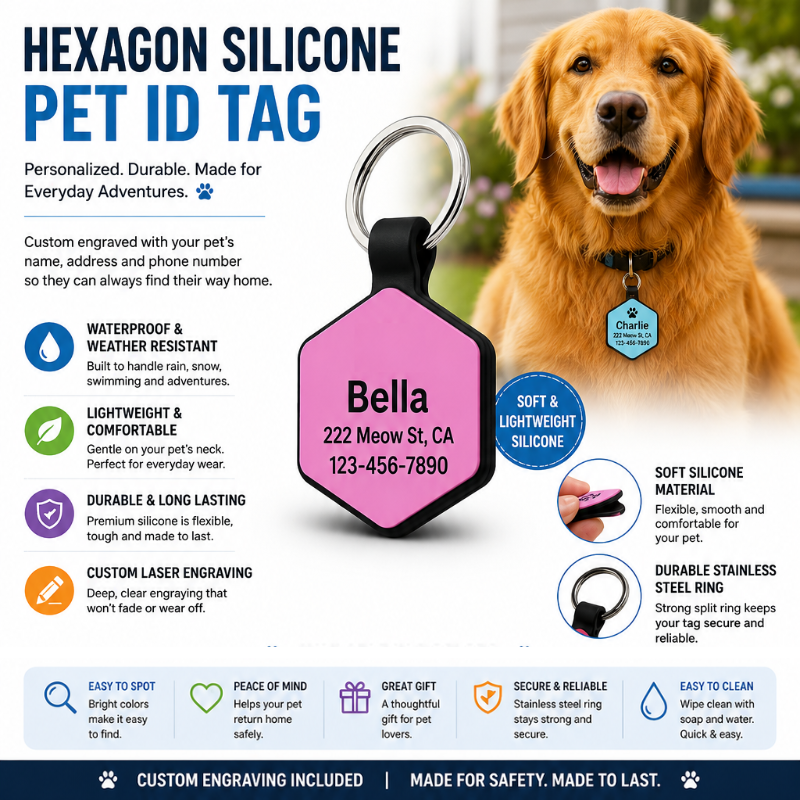 Personalized Silicone Hexagon Pet ID Tag – Custom Dog & Cat Name Tag with Phone Number
