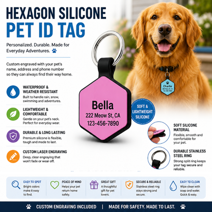 Personalized Silicone Hexagon Pet ID Tag – Custom Dog & Cat Name Tag with Phone Number