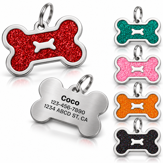 Personalized Glitter Bone Pet ID Tag, Custom Engraved Stainless Steel Dog Cat Name Tag