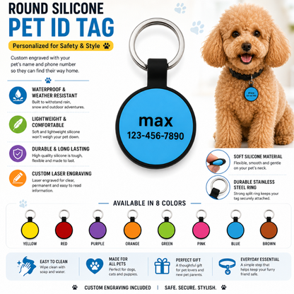 Personalized Silicone Round Pet ID Tag – Custom Dog & Cat Name Tag with Phone Number