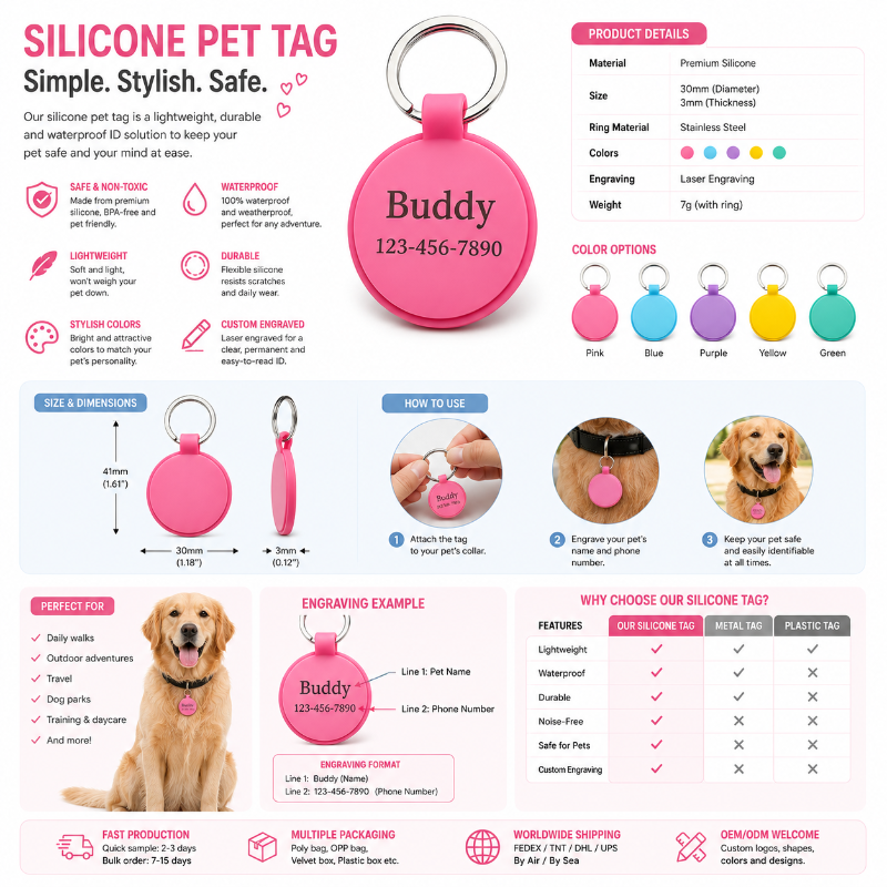 Personalized Round and Heart Silicone Pet Tag Engraved Dog Tag Cat Tag Silent Name Tag