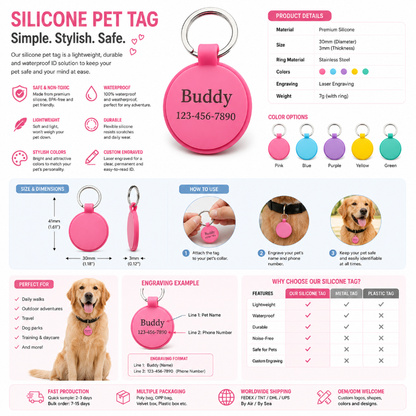 Personalized Round and Heart Silicone Pet Tag Engraved Dog Tag Cat Tag Silent Name Tag