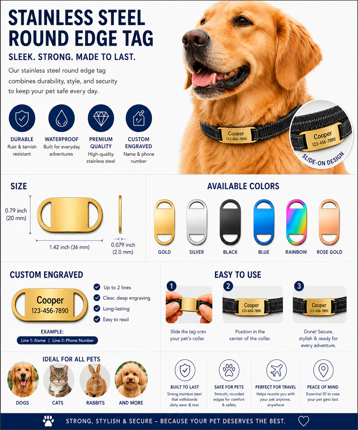 Personalized Slide-On Pet ID Tag – Stainless Steel Custom Engraved Dog & Cat Collar Name Plate