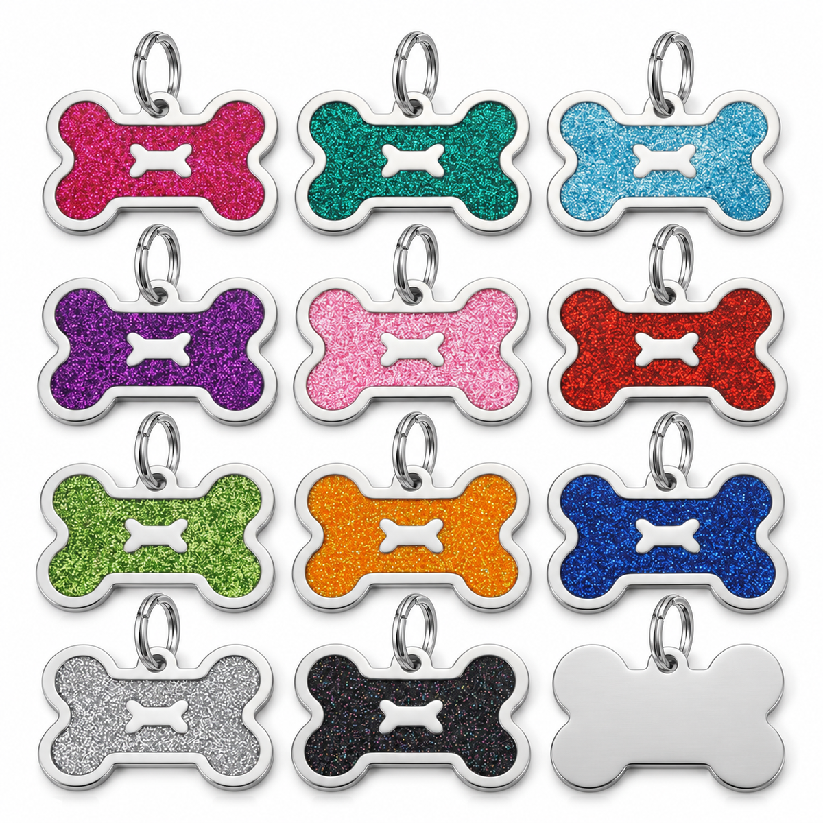 Personalized Glitter Bone Pet ID Tag, Custom Engraved Stainless Steel Dog Cat Name Tag