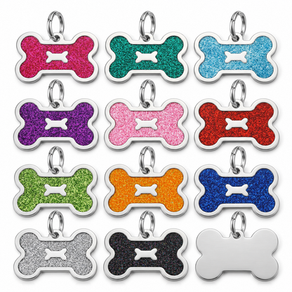 Personalized Glitter Bone Pet ID Tag, Custom Engraved Stainless Steel Dog Cat Name Tag