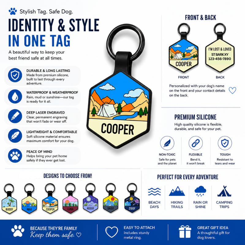 Personalized Scenic Silicone Hexagon Pet ID Tag – Custom Dog & Cat Name Tag