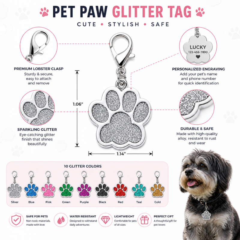 Personalized Glitter Paw Pet ID Tag with Lobster Clasp, Custom Engraved Stainless Steel Dog and Cat Collar Tag