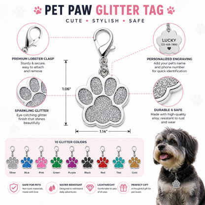 Personalized Glitter Paw Pet ID Tag with Lobster Clasp, Custom Engraved Stainless Steel Dog and Cat Collar Tag