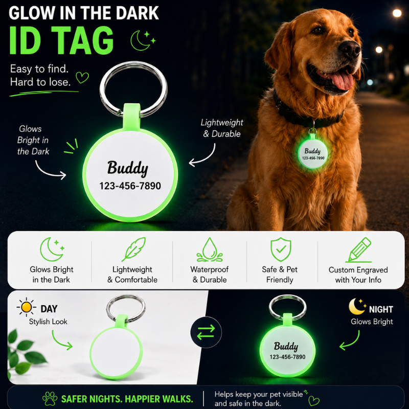 Personalized Glow-in-the-Dark Silicone Pet ID Tag – Round Custom Dog & Cat Name Tag