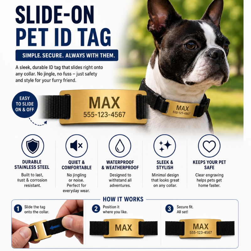 Personalized Rectangle Slide-On Pet ID Tag – Stainless Steel Custom Engraved Dog & Cat Collar Name Plate