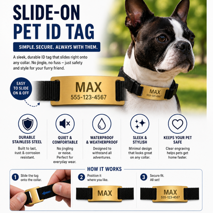 Personalized Rectangle Slide-On Pet ID Tag – Stainless Steel Custom Engraved Dog & Cat Collar Name Plate