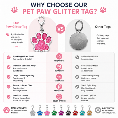 Personalized Glitter Paw Pet ID Tag with Lobster Clasp, Custom Engraved Stainless Steel Dog and Cat Collar Tag