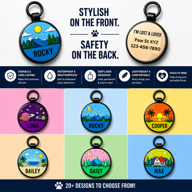 Personalized Scenic Silicone Round Pet ID Tag – Custom Dog & Cat Name Tag