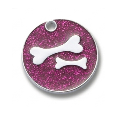 Personalized Glitter Round Pet ID Tag, Custom Engraved Dog and Cat Name Tag with Phone Number, Double Bone Design
