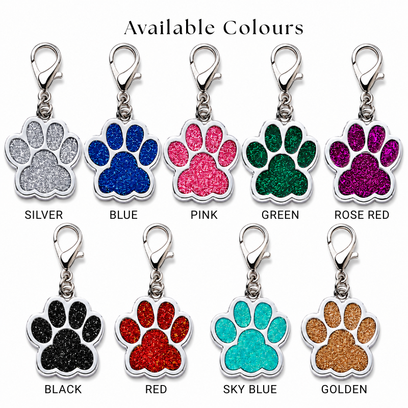 Personalized Glitter Paw Pet ID Tag with Lobster Clasp, Custom Engraved Stainless Steel Dog and Cat Collar Tag