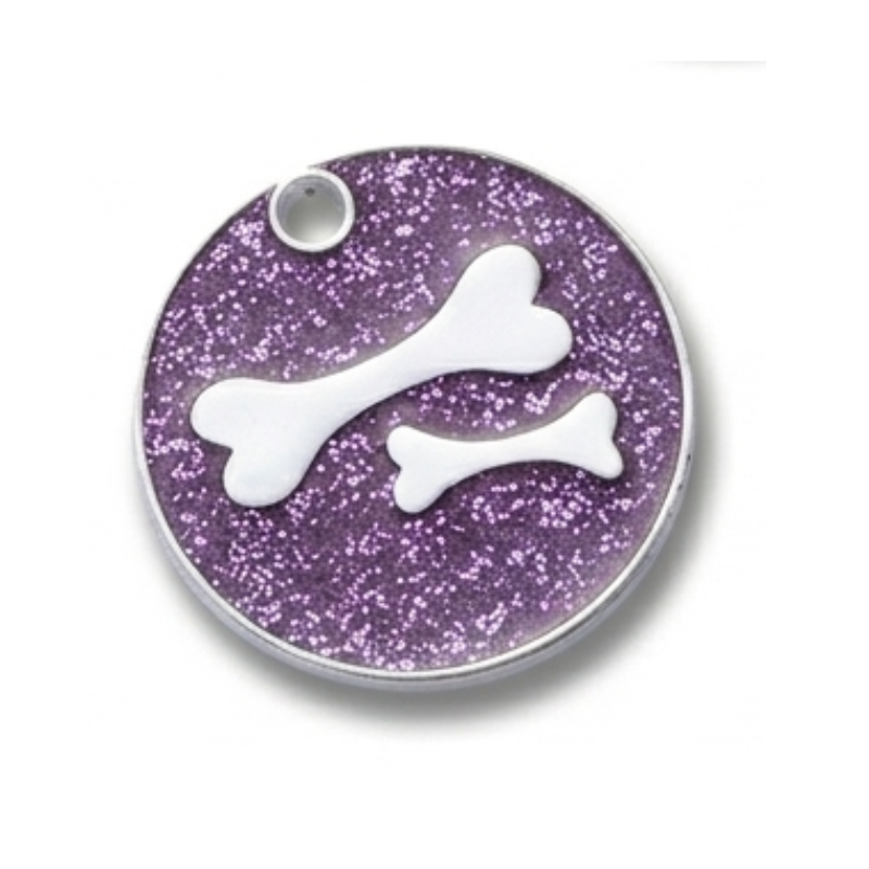 Personalized Glitter Round Pet ID Tag, Custom Engraved Dog and Cat Name Tag with Phone Number, Double Bone Design