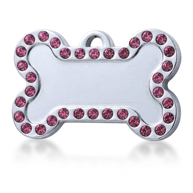 Personalized Rhinestone Bone Pet ID Tag, Custom Engraved Stainless Steel Dog Cat Name Tag