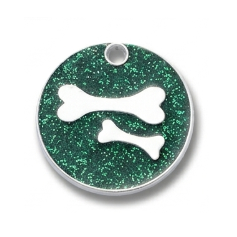 Personalized Glitter Round Pet ID Tag, Custom Engraved Dog and Cat Name Tag with Phone Number, Double Bone Design