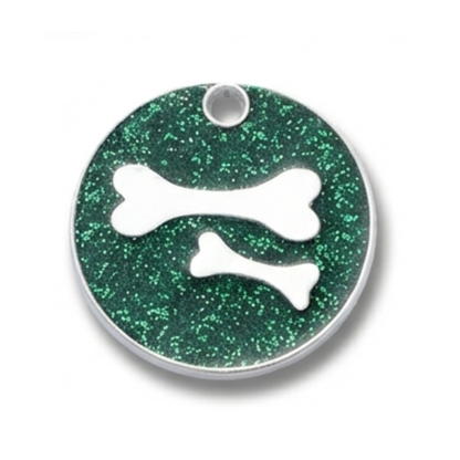 Personalized Glitter Round Pet ID Tag, Custom Engraved Dog and Cat Name Tag with Phone Number, Double Bone Design