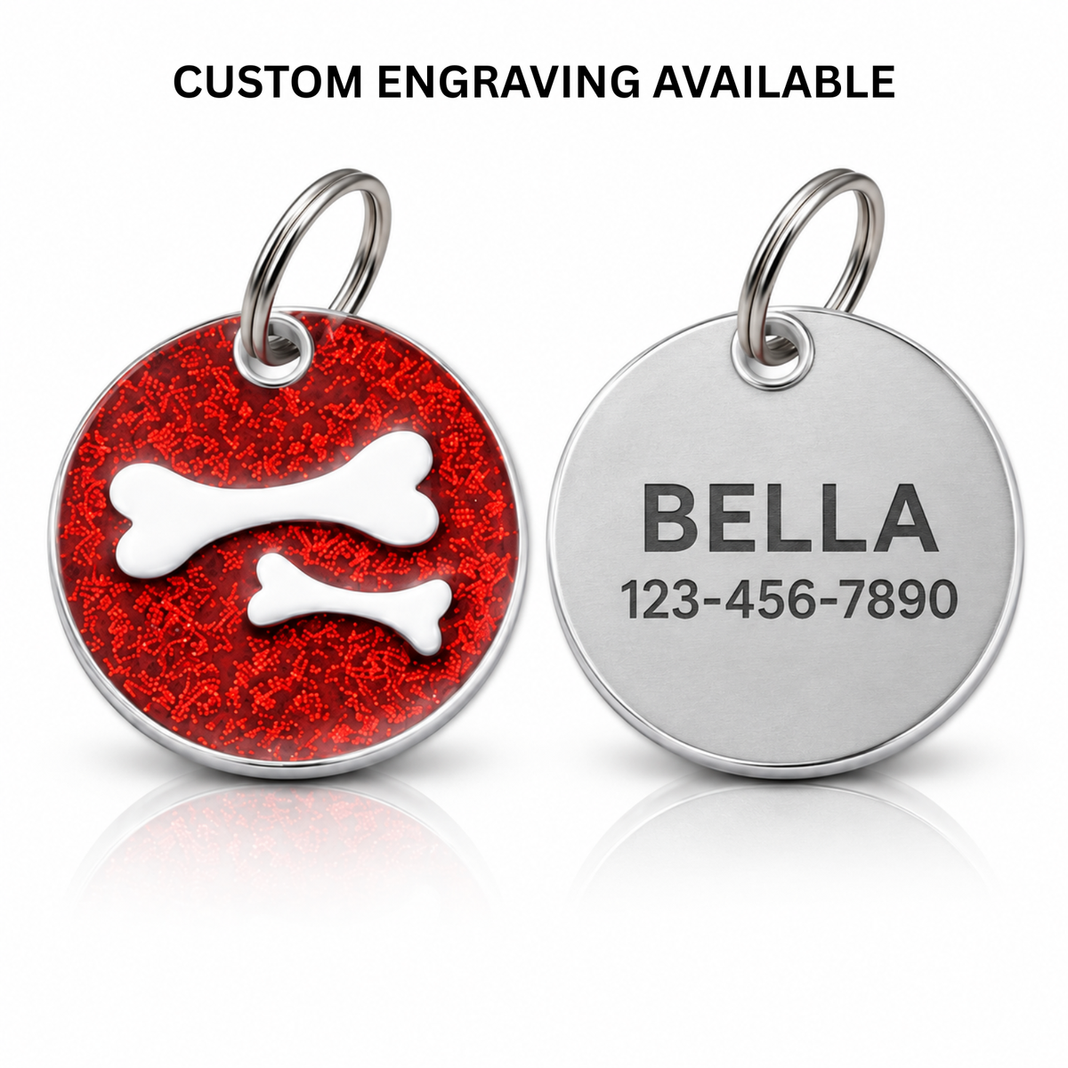 Personalized Glitter Round Pet ID Tag, Custom Engraved Dog and Cat Name Tag with Phone Number, Double Bone Design
