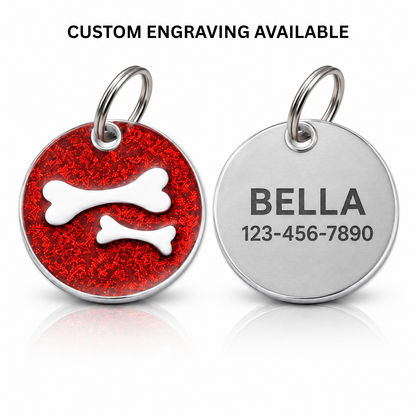 Personalized Glitter Round Pet ID Tag, Custom Engraved Dog and Cat Name Tag with Phone Number, Double Bone Design