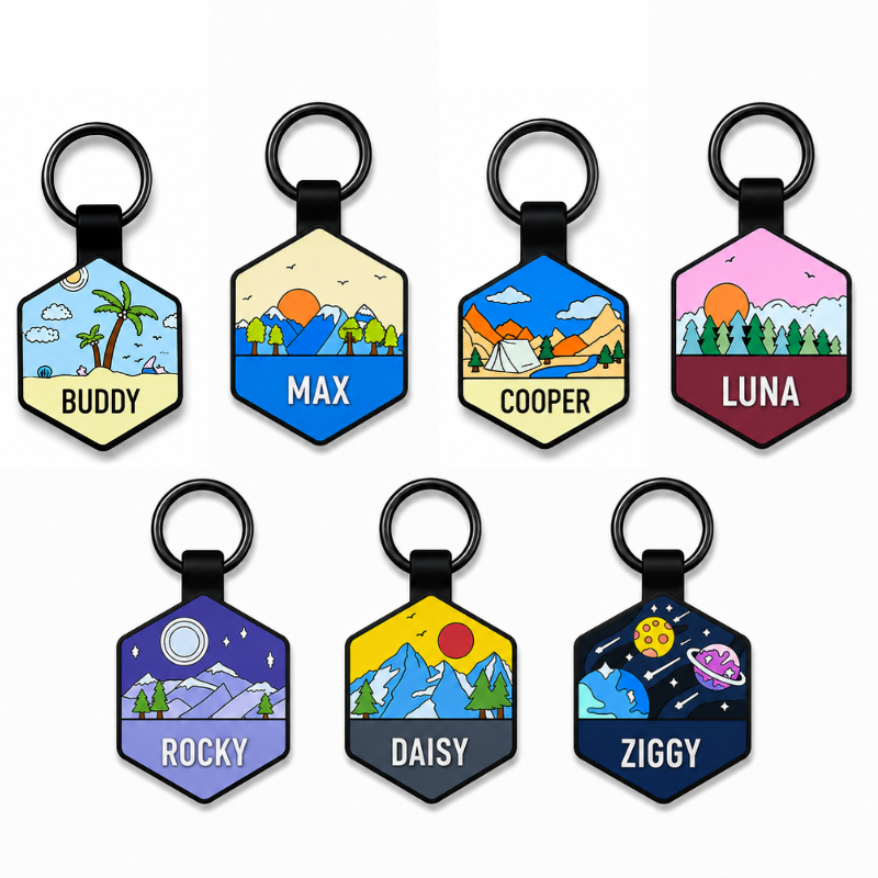 Personalized Scenic Silicone Hexagon Pet ID Tag – Custom Dog & Cat Name Tag