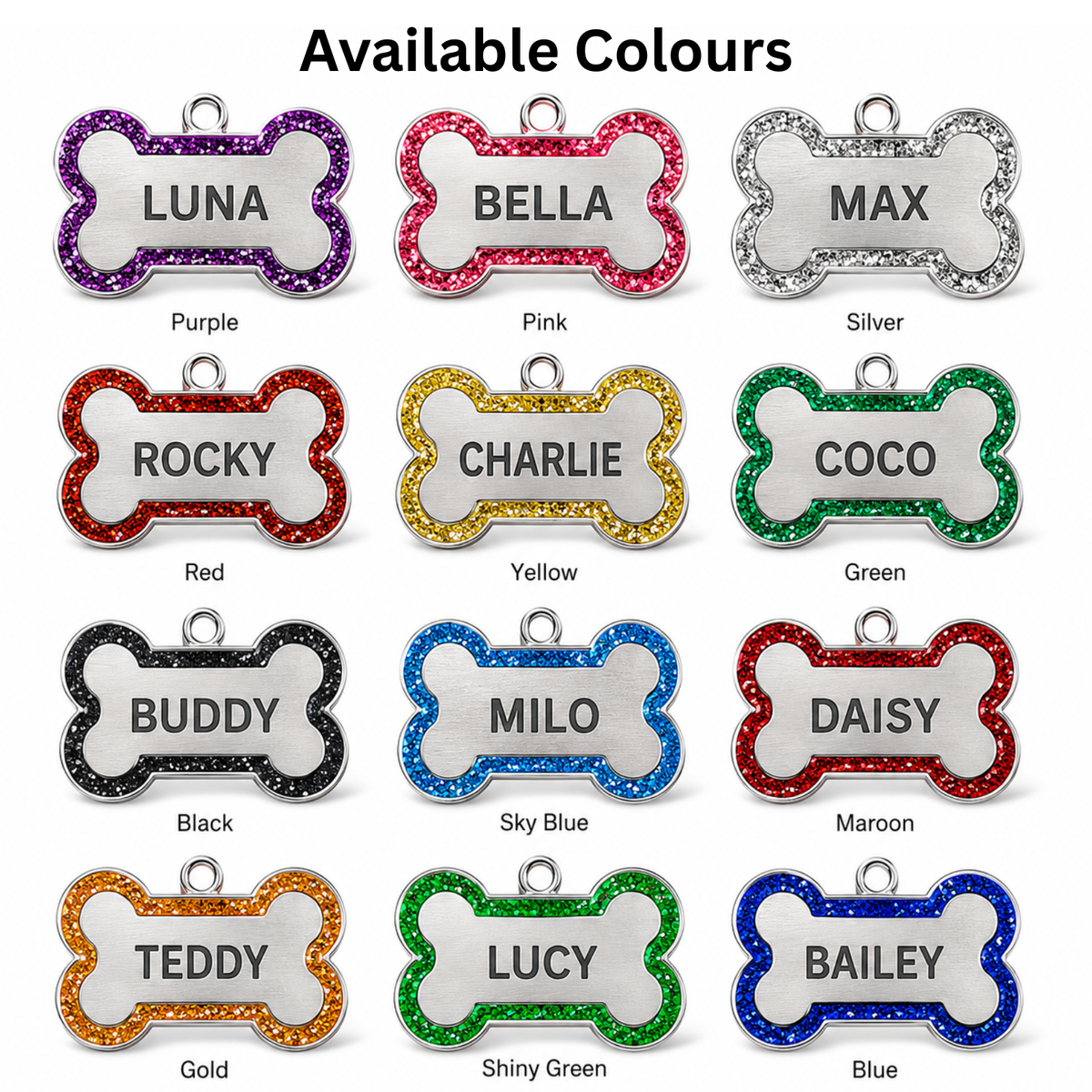 Personalized Glitter Bone Pet ID Tag, Stainless Steel Custom Engraved Dog Cat Name Tag